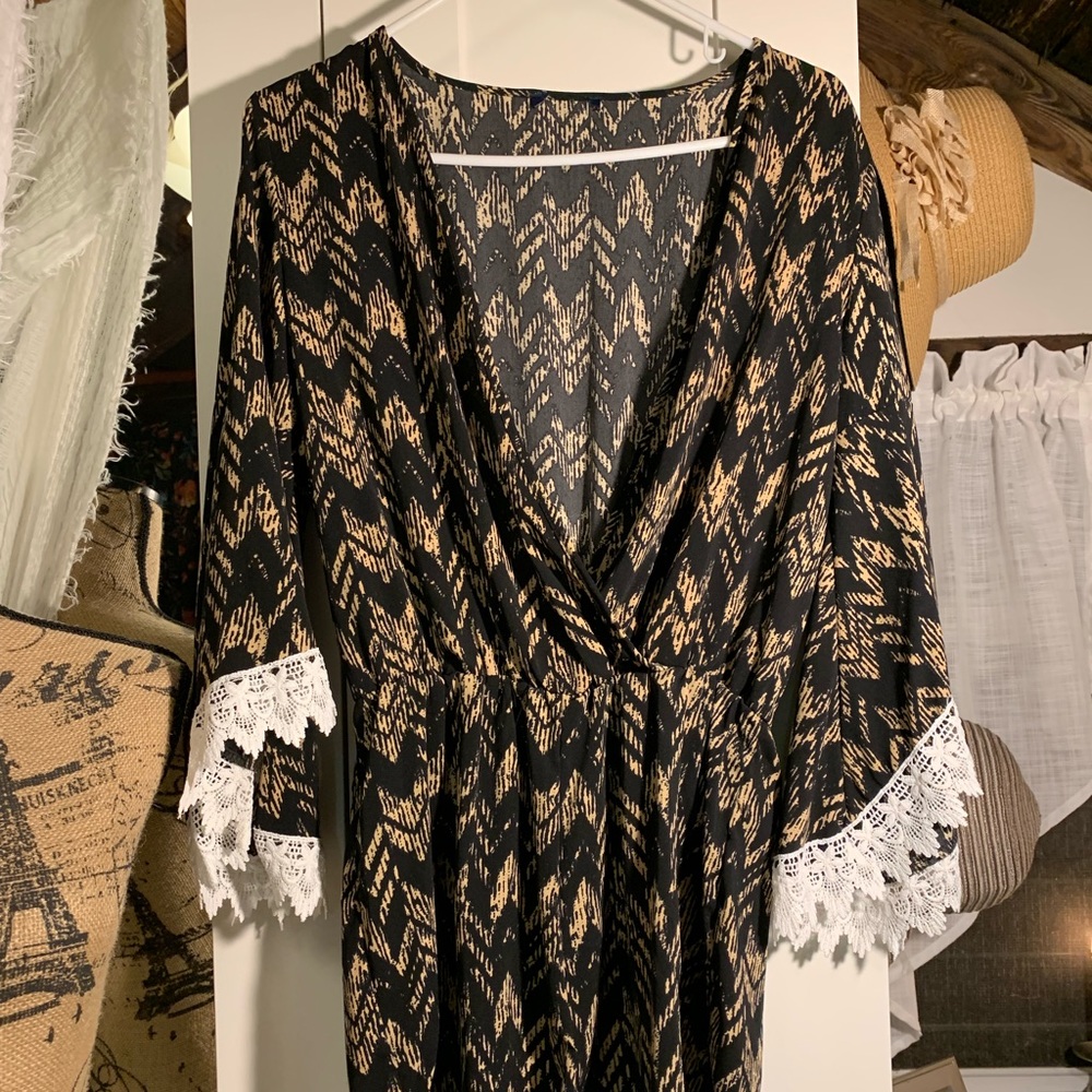 Black and Tan Print Romper with Bell Sleeves